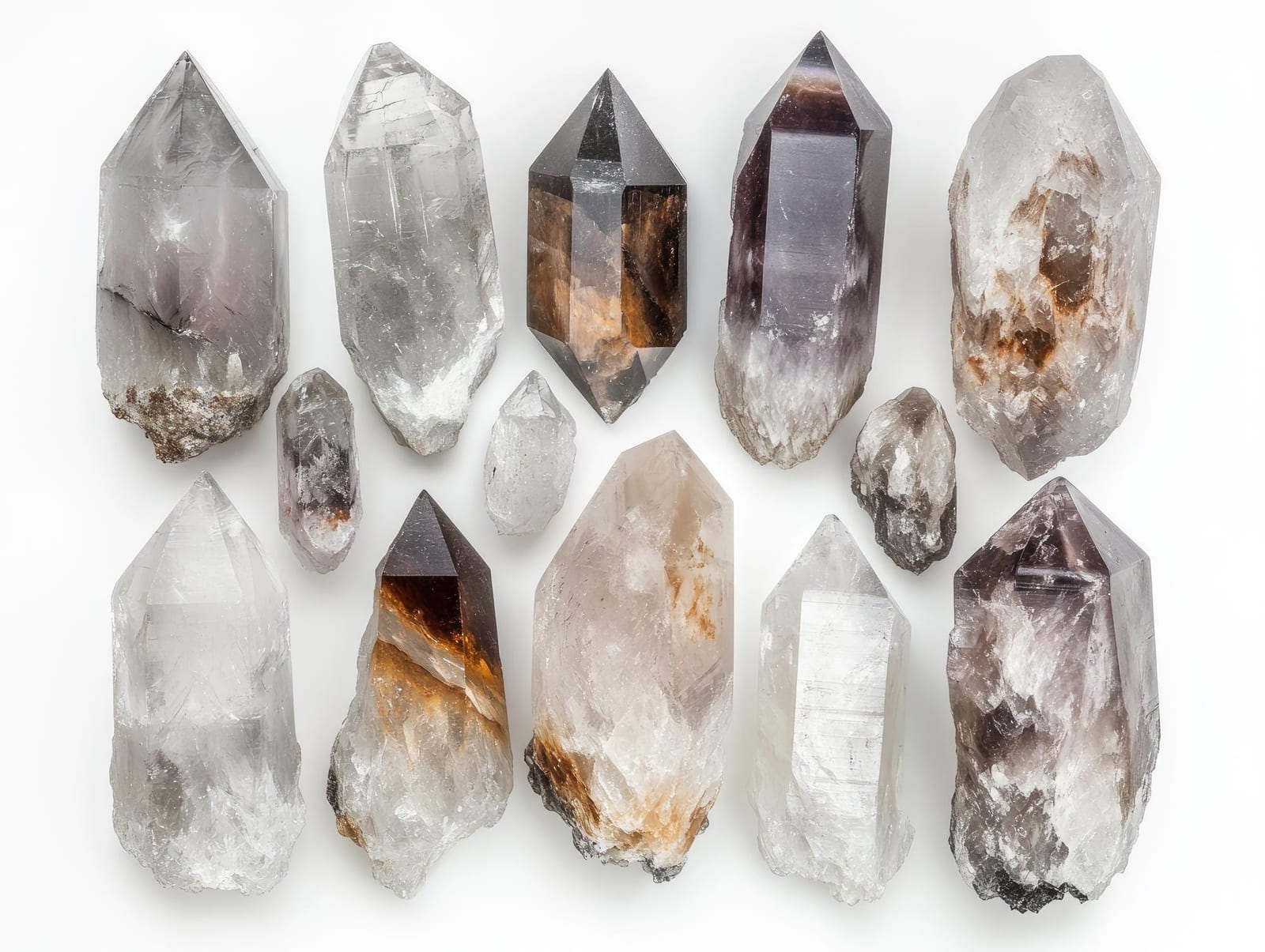 Coleção de pontas de quartzo e cristal fumê organizadas sobre fundo branco