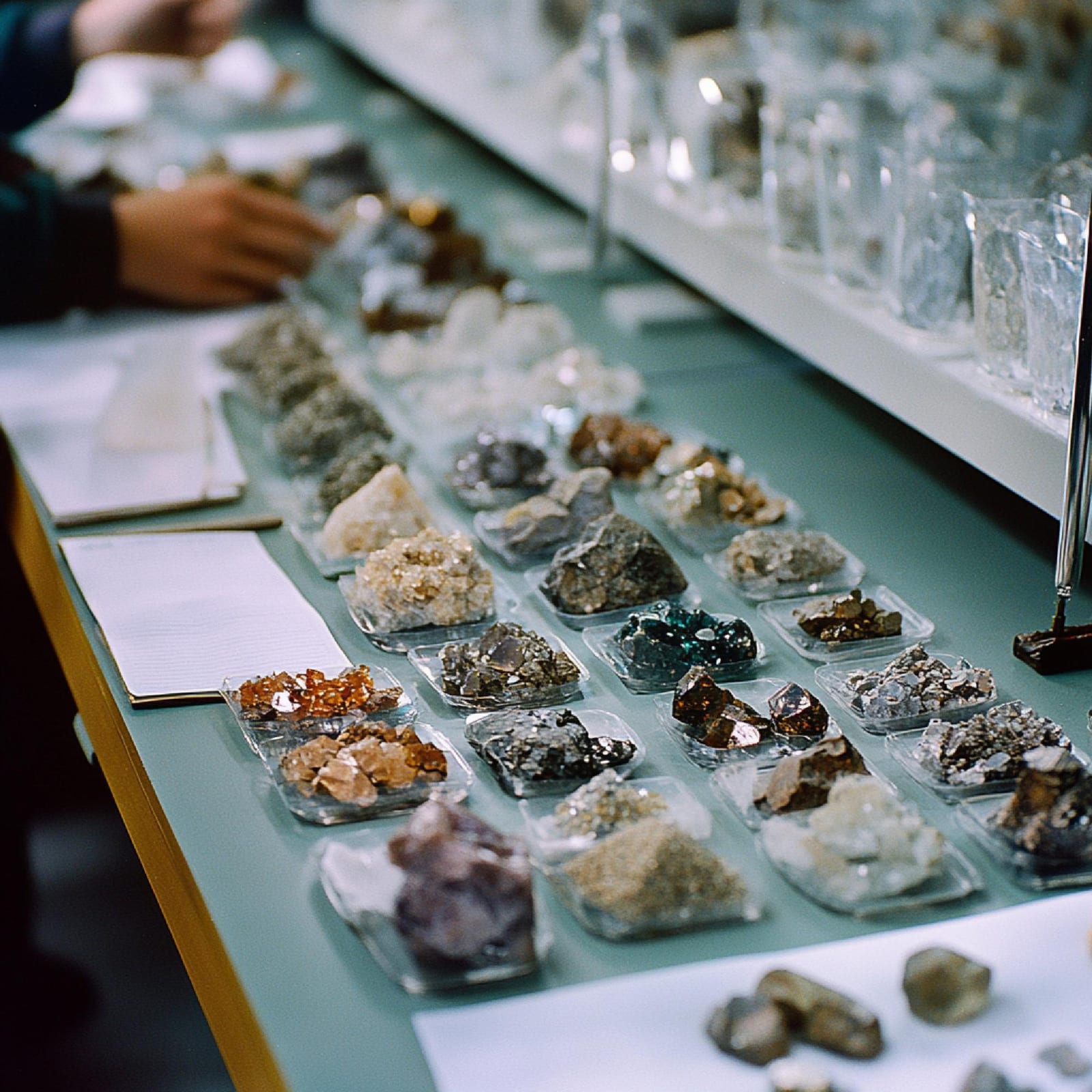 Bandejas com amostras de minerais etiquetadas para análise em mesa de trabalho
